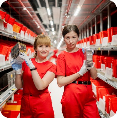 Dwie osoby w czerwonych uniformach w magazynie Rossmanna